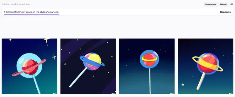 DALL-E 2 creó imágenes para "Una piruleta flotando en el espacio, al estilo de los dibujos animados"