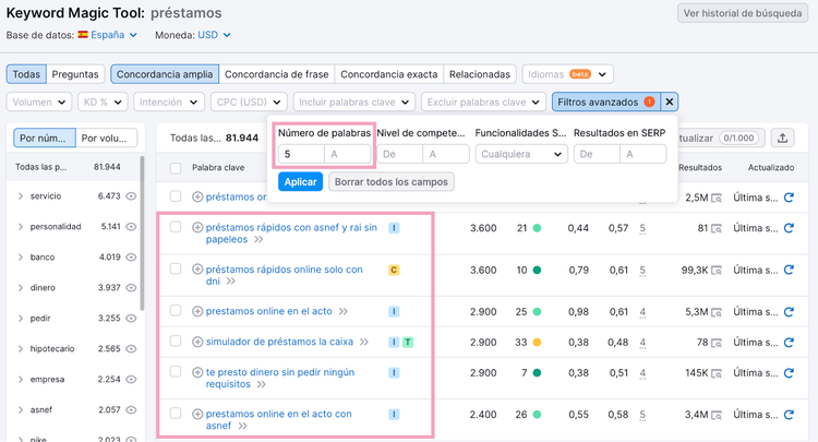 Filtrado de consulta en Keyword Magic Tool
