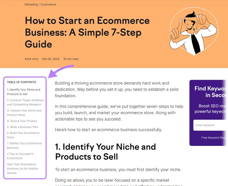 Un índice destacado en la página del blog de Semrush