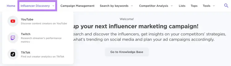 "Descubrimiento de Influenciadores" destacado en el menú de navegación