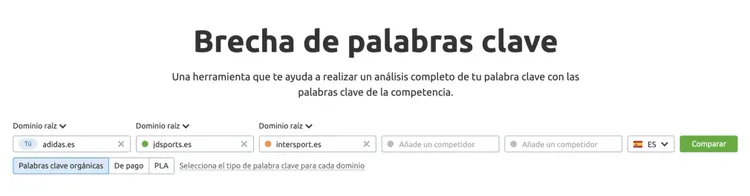 Brecha de palabras clave: herramienta para comparar adidas.es vs competencia