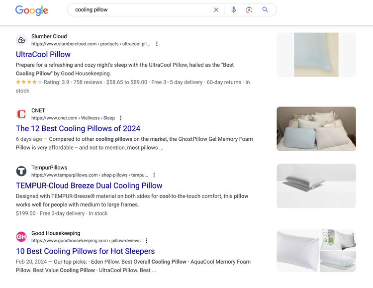 serp para almohada refrigerante con imágenes, páginas de producto y páginas de redondeo