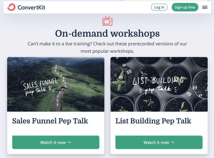 ConvertKit's "Talleres a la carta" page
