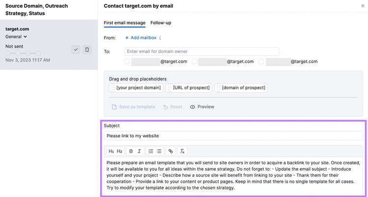 Un ejemplo de borrador de correo electrónico en Link Building Tool