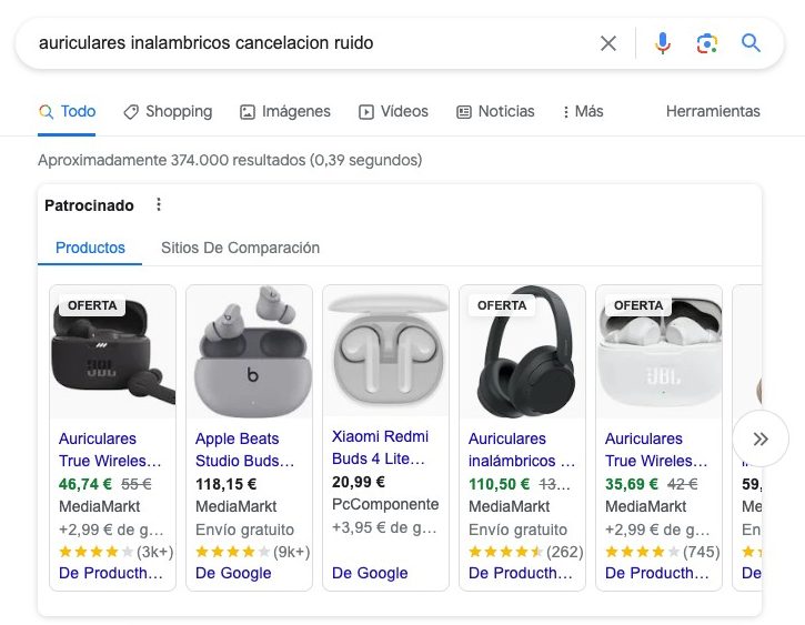 Google Shopping resultados para auriculares inalámbricos con ofertas
