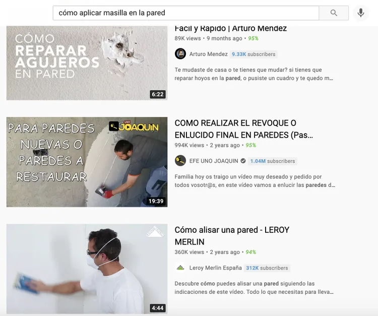 Resultados YouTube: videos reparación masilla pared, Arturo Méndez