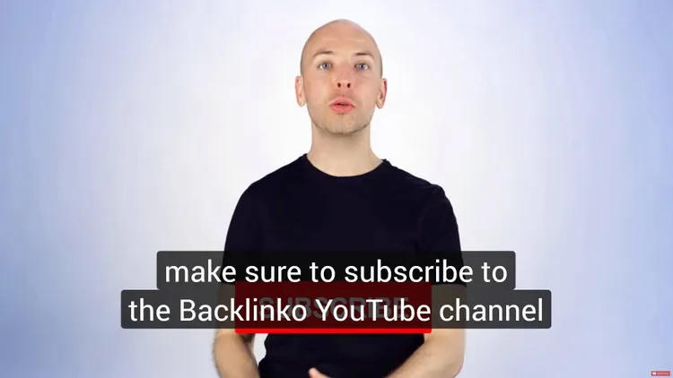 Video frame with person and text overlay promoting Backlinko YouTube channel