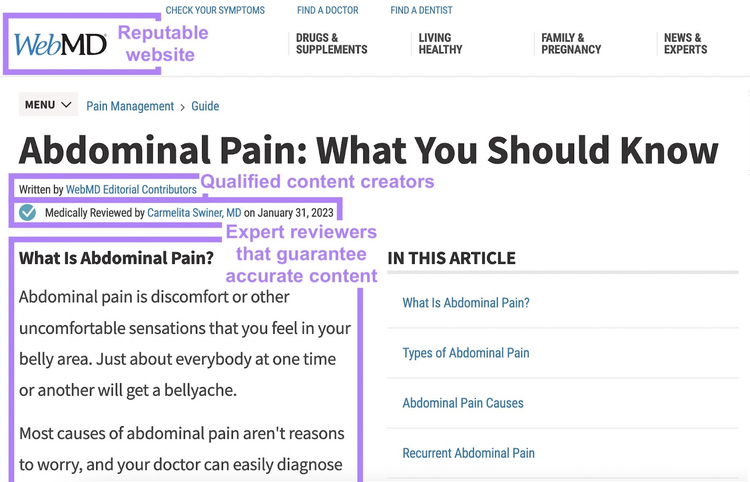 Artículo WebMD dolor abdominal con reviso médico y contenido confiable