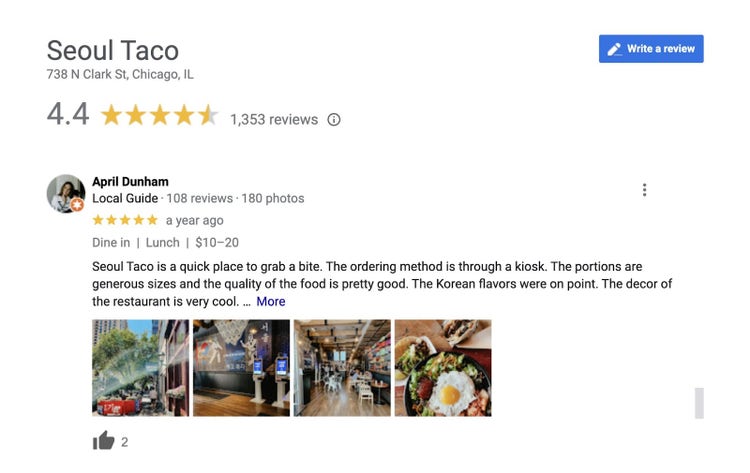 Opinión de un cliente de "Seoul Taco" en Google