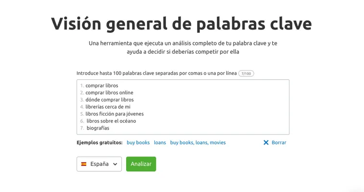 Herramienta Semrush Keyword Overview para analizar hasta 100 palabras