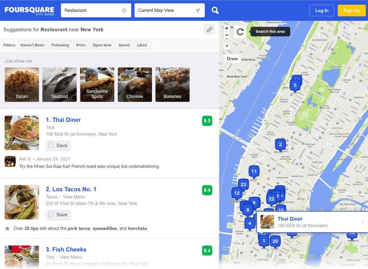 Los resultados de Foursquare listando los restaurantes a la izquierda y mostrándolos en el mapa a la derecha