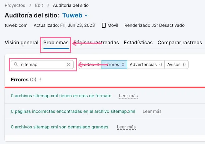 Problemas de sitemap en Semrush