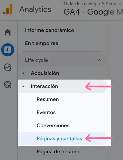 Menú GA4 mostrando sección Interacción expandida con Páginas y pantallas