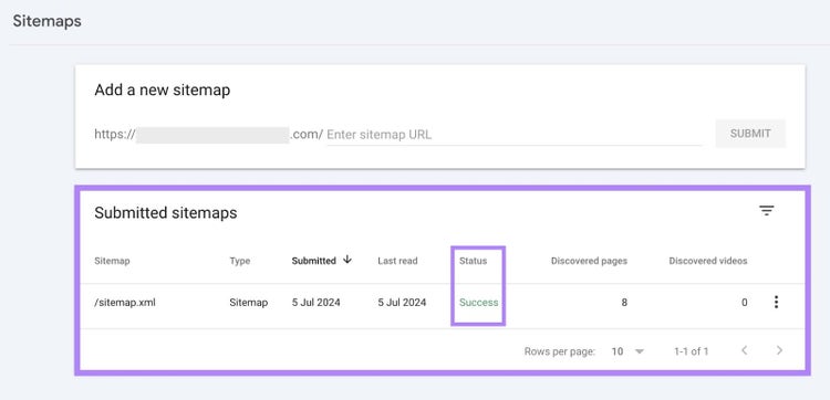 "Mapas del sitio enviados" en Google Search Console con "Éxito" resaltado en la columna "Estado"