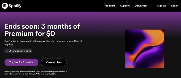 Página de inicio de Spotify Premium con una oferta de $0 por 3 meses junto con un remolino abstracto en púrpura y naranja