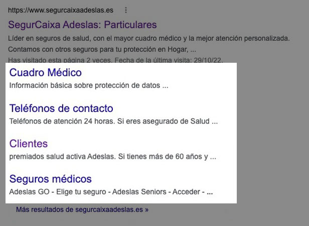 Resultado búsqueda SegurCaixa Adeslas con sitelinks Cuadro Médico Contacto