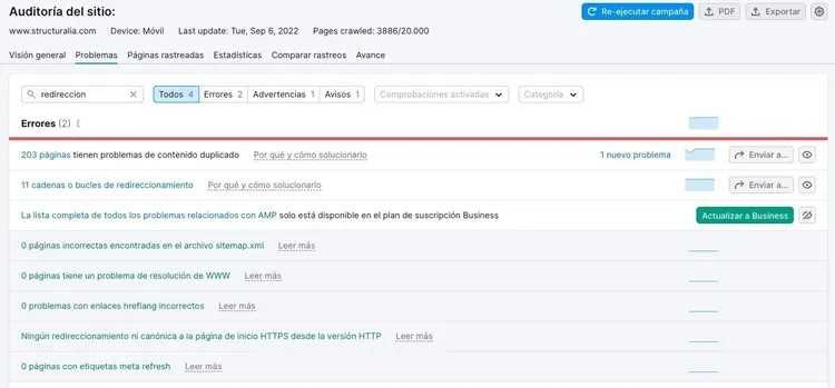 Errores redirección auditoría sitio lista