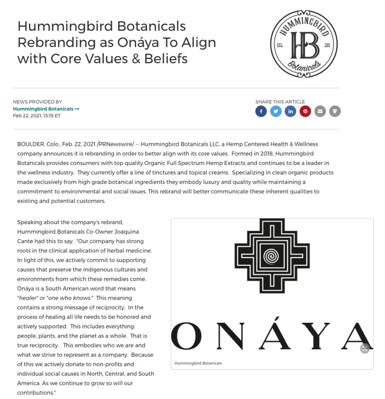 Hummingbird Botanicals se renombra como Onaya