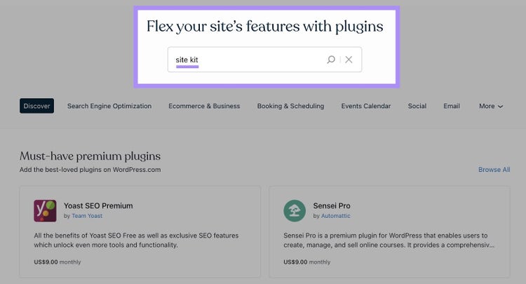 Busca "kit de sitio" en la página "Añadir plugins" de WordPress