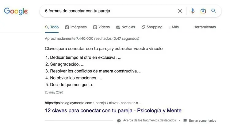 Búsqueda Google 6 formas conectar pareja mostrando aproximadamente 7.440.000 resultados