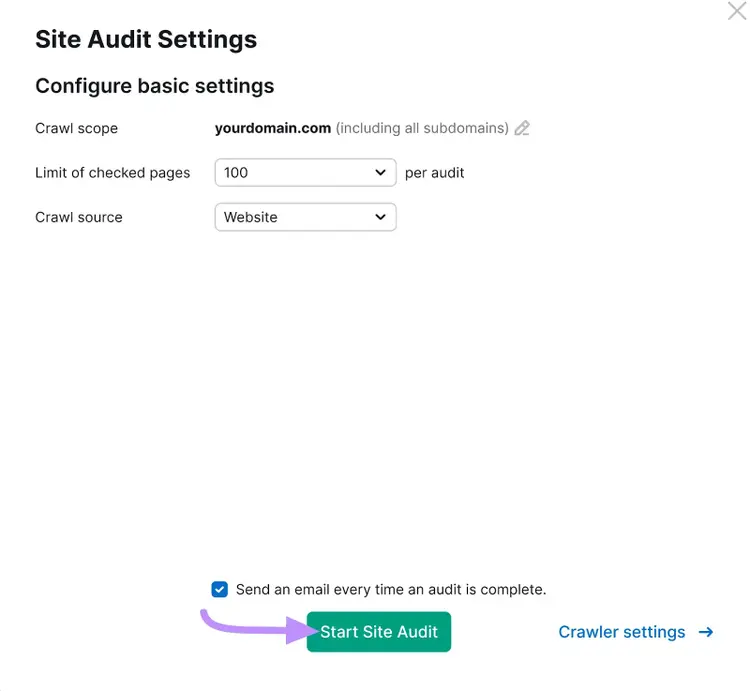 "Página de Configuración de la Auditoría del Sitio