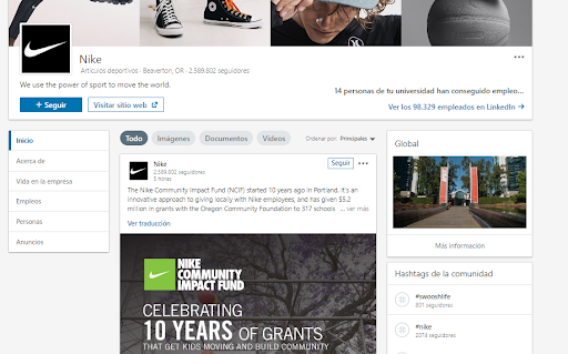 Páginas de empresa en LinkedIn - Ejemplo Nike