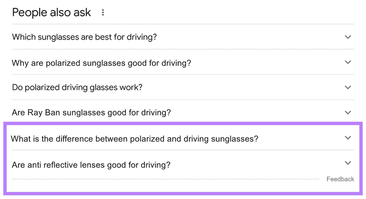 "Sección "La gente también pregunta" en Google para la consulta "gafas de sol para conducir