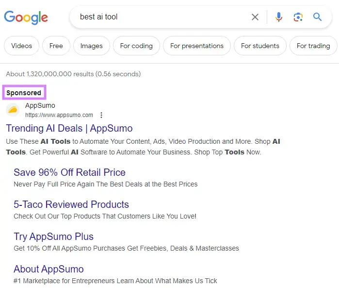 Aparece un anuncio de búsqueda en Google de AppSumo para la consulta "mejor herramienta ai
