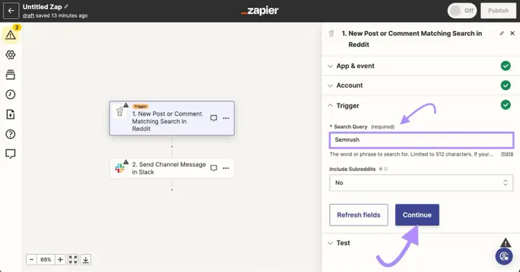 "Semrush" añadido en "Consulta de búsqueda" en el flujo de trabajo Zapier