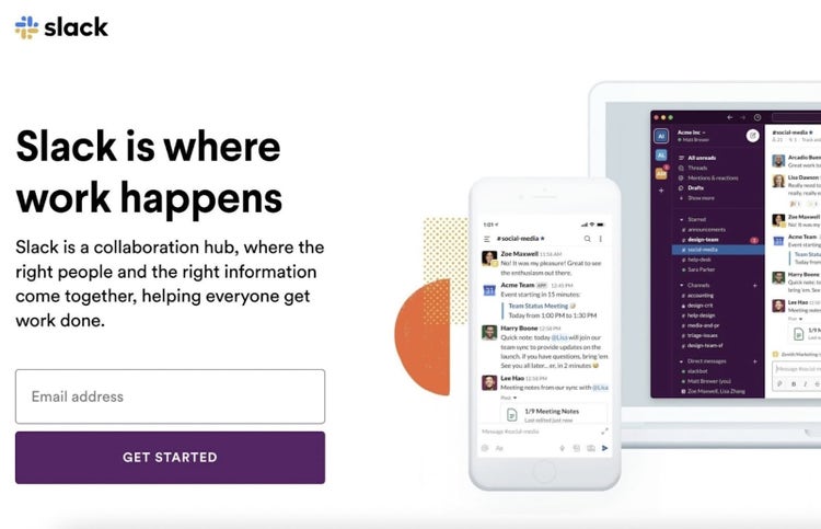 Gráfico de teléfono inteligente y tableta que muestra la aplicación Slack en acción junto con la opción de registro