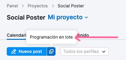 Interfaz Social Poster mostrando programación en lote con botón Nuevo post