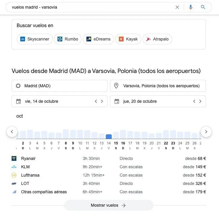 Google Flights búsqueda vuelos Madrid-Varsovia