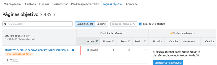 Tabla de páginas objetivo mostrando enlaces de referencia activos