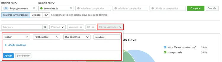 Filtro avanzado palabras clave con opciones resaltadas
