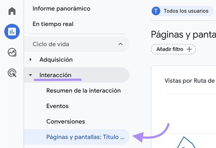 Ahora, expande el área de informes "Interacción" y haz clic en "Páginas y pantallas"