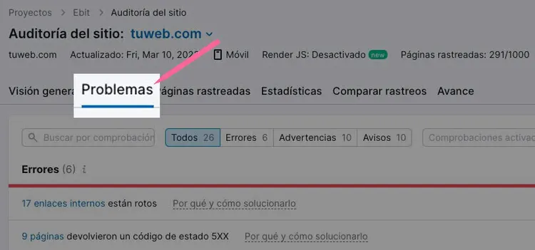 Pestaña problemas en auditoría del sitio con lista de errores detectados
