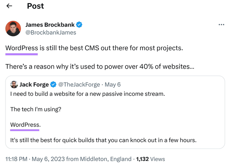 un ejemplo de un post X de James Brockbank mencionando WordPress