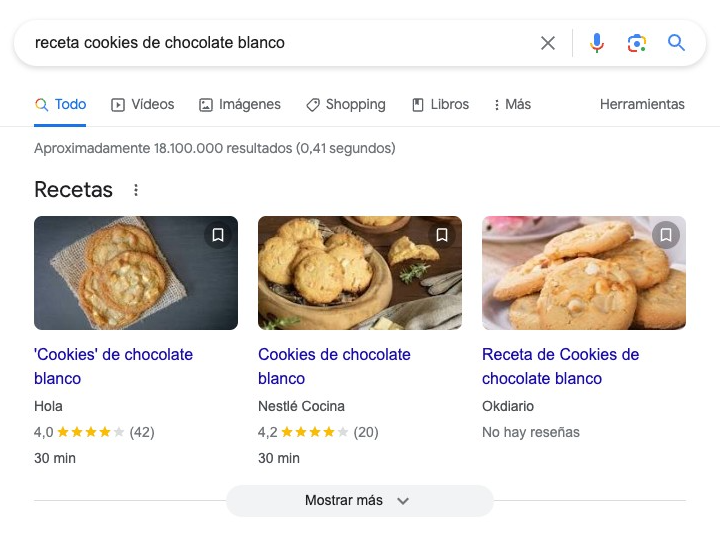 Google búsqueda recetas de cookies de chocolate blanco