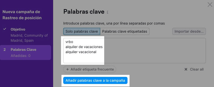 Modal de palabras clave para campaña de rastreo mostrando palabras ingresadas separadas por comas