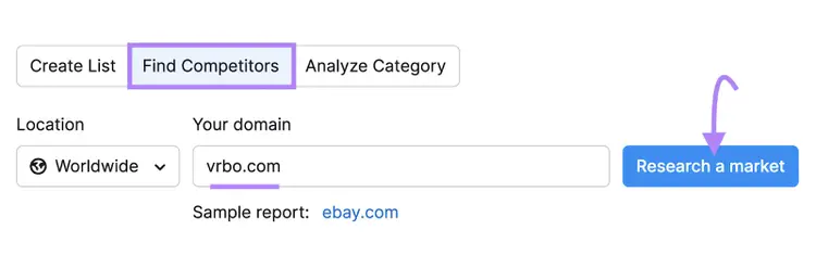 "vrbo.com" introducido en la herramienta Market Explorer