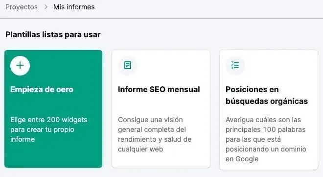 Semrush Mis informes: plantillas de Empieza de cero, Informe SEO, Posiciones