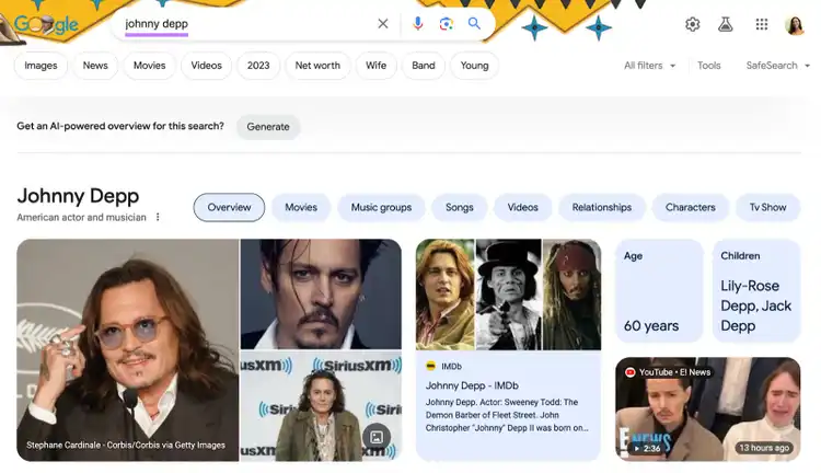 Resultados de la primera página de Google para "Johnny Depp"