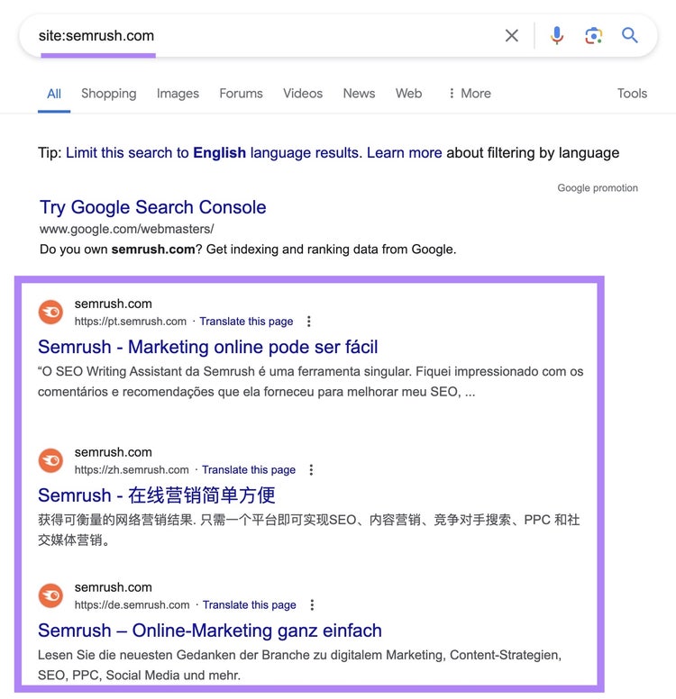 Búsqueda del sitio "semrush.com" en Google con los resultados indexados resaltados