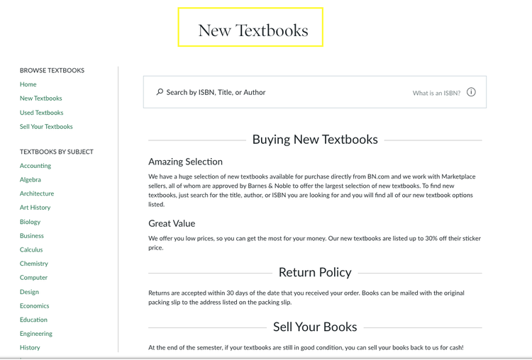 barnes and noble new textbooks h1 screenshot