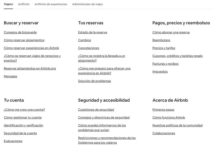 Página preguntas frecuentes Airbnb con categorías alojamiento