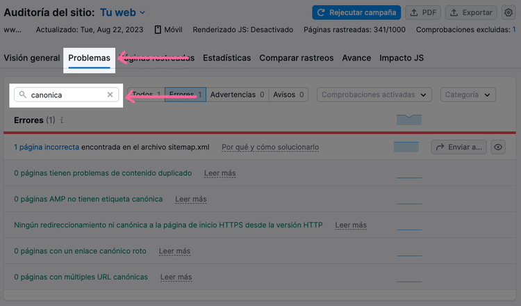 Para auditar las etiquetas canónicas de tu web, utiliza la herramienta Auditoría del sitio de Semrush
