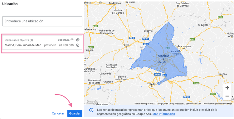Google Ads location map showing Madrid area highlighted in blue