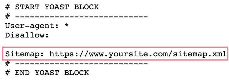 Código robots.txt con bloque Yoast SEO y enlace del sitemap