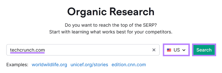 La herramienta de investigación orgánica de Semrush comienza con el dominio, el país y el botón de búsqueda resaltados.