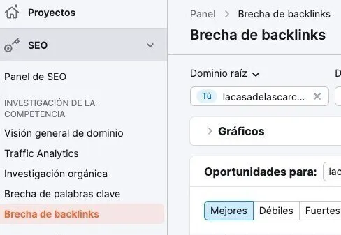 Menú herramientas Semrush: Brecha de backlinks en sección SEO del panel